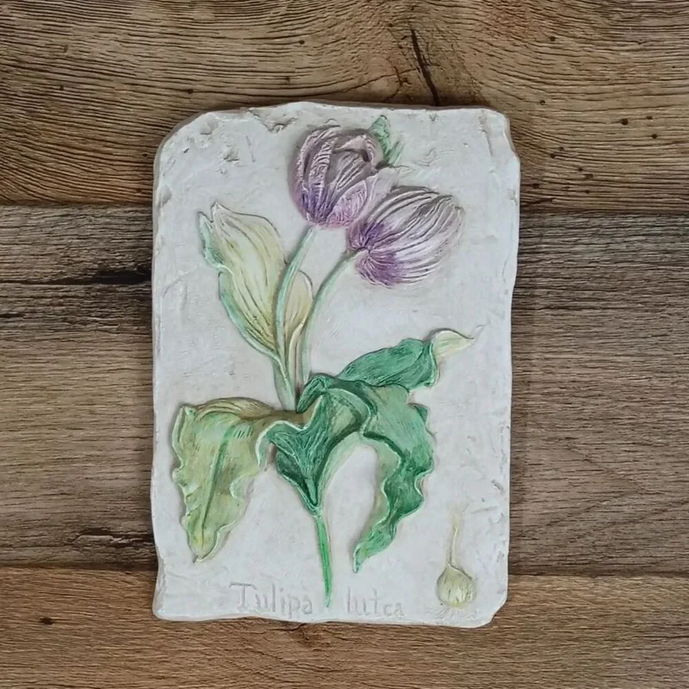 Hen-Feathers Hand-Cast Hand-Painted 3D Botanical Wall Plaque Tulip Design